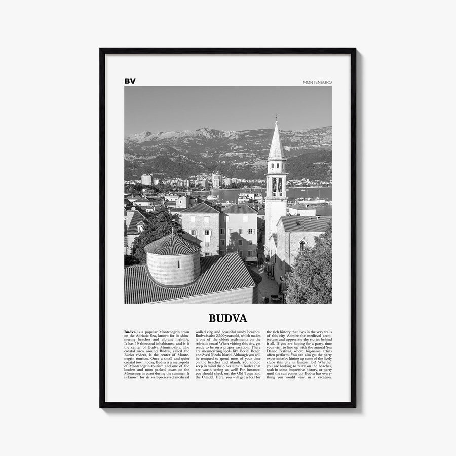 Budva black & white newspaper poster of Montenegro – vertical wall art, unframed print shown in interior mockup