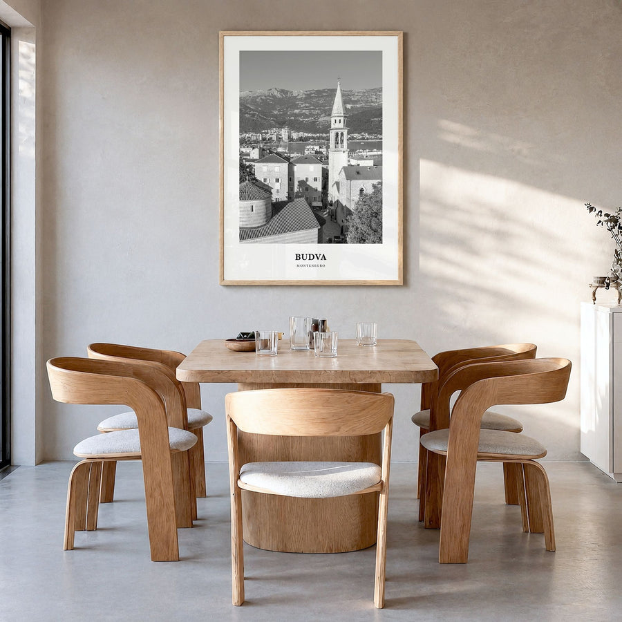 Budva Classic Poster in a natural wood frame, hanging in a dining room