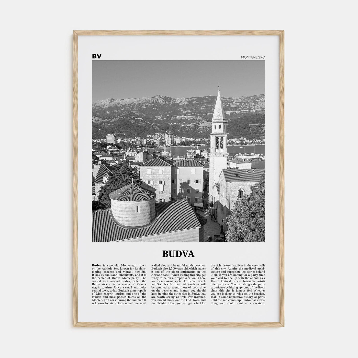 Budva Poster Natural Wood / 8x12 in Nbourhood Travel B&W Poster