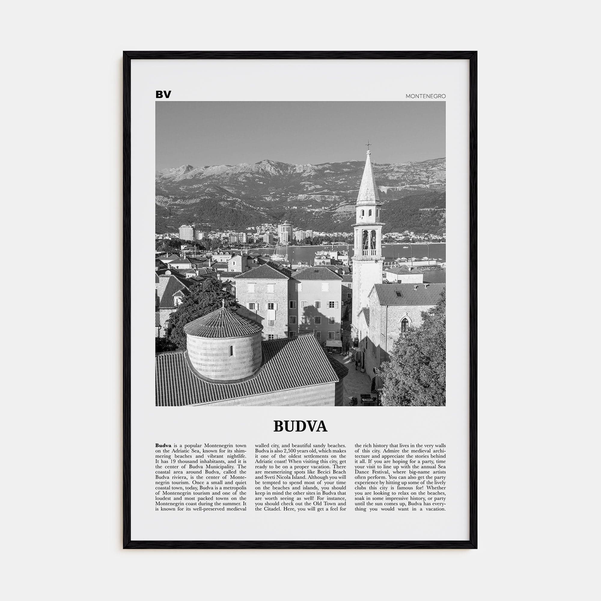 Budva Poster Black Wood / 8x12 in Nbourhood Travel B&W Poster