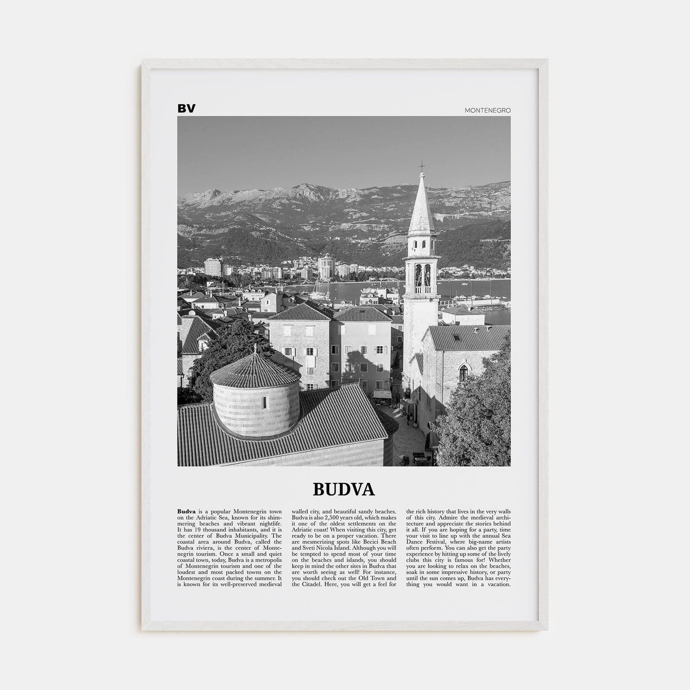 Budva Poster White Wood / 8x12 in Nbourhood Travel B&W Poster