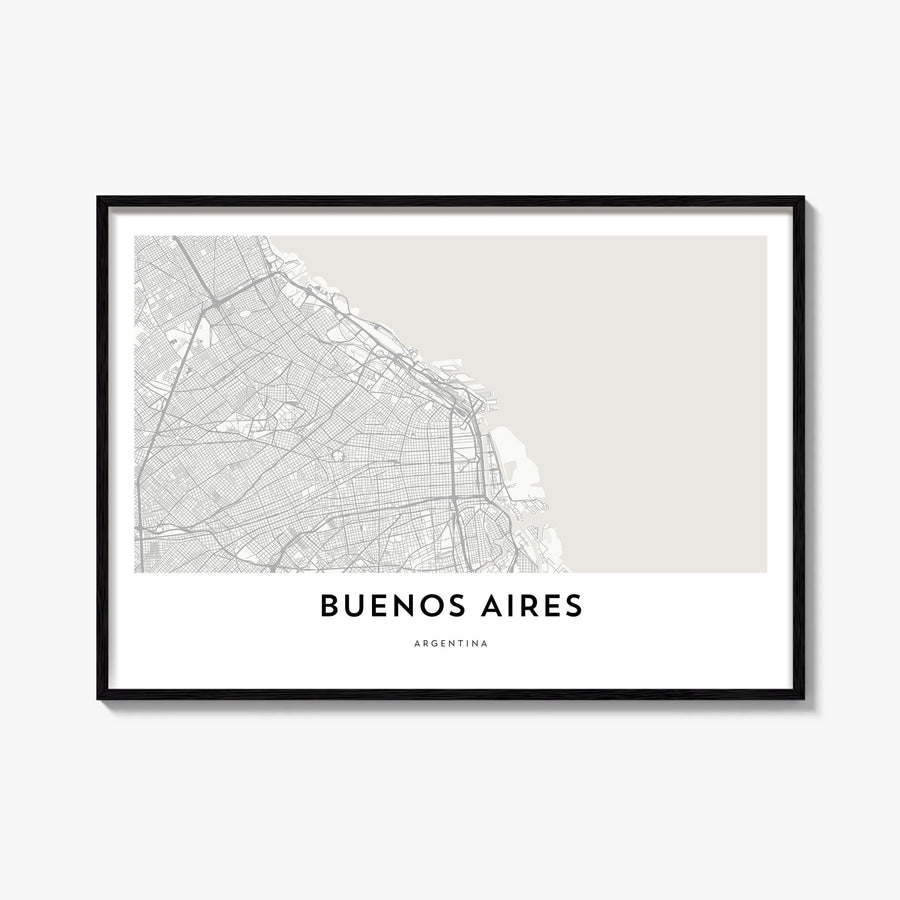Buenos Aires black & white map poster of Argentina – horizontal wall art, unframed print shown in interior mockup