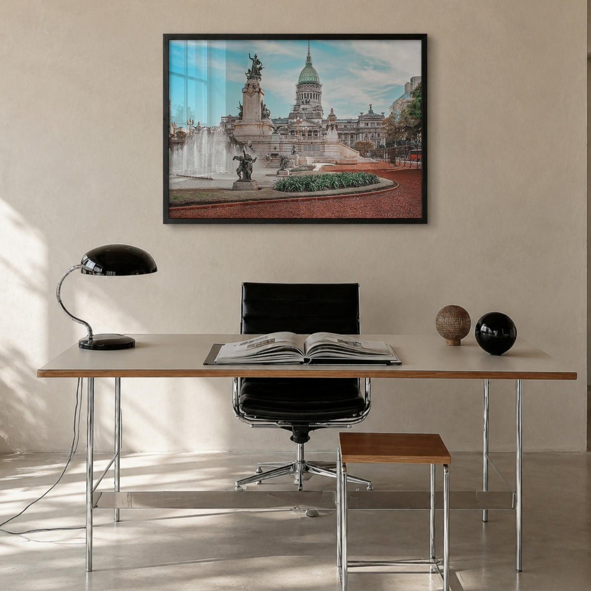 Buenos Aires colorful photo poster of Argentina – horizontal wall art in black wood frame, hanging on wall