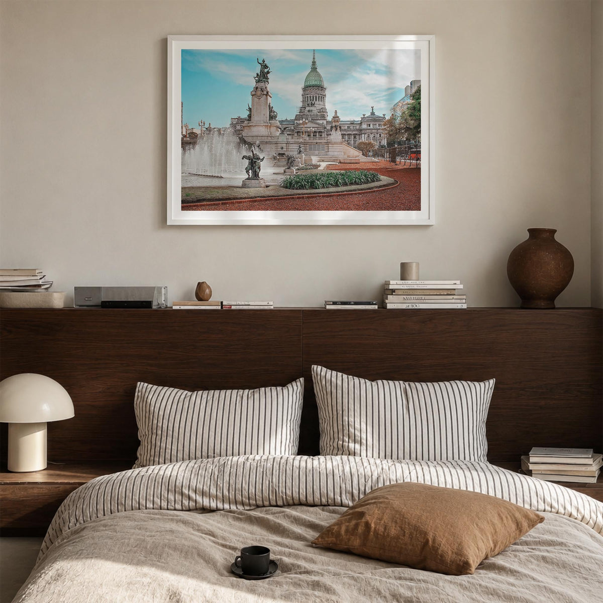 Buenos Aires colorful photo poster of Argentina – horizontal wall art in white wood frame with white border, hanging on wall