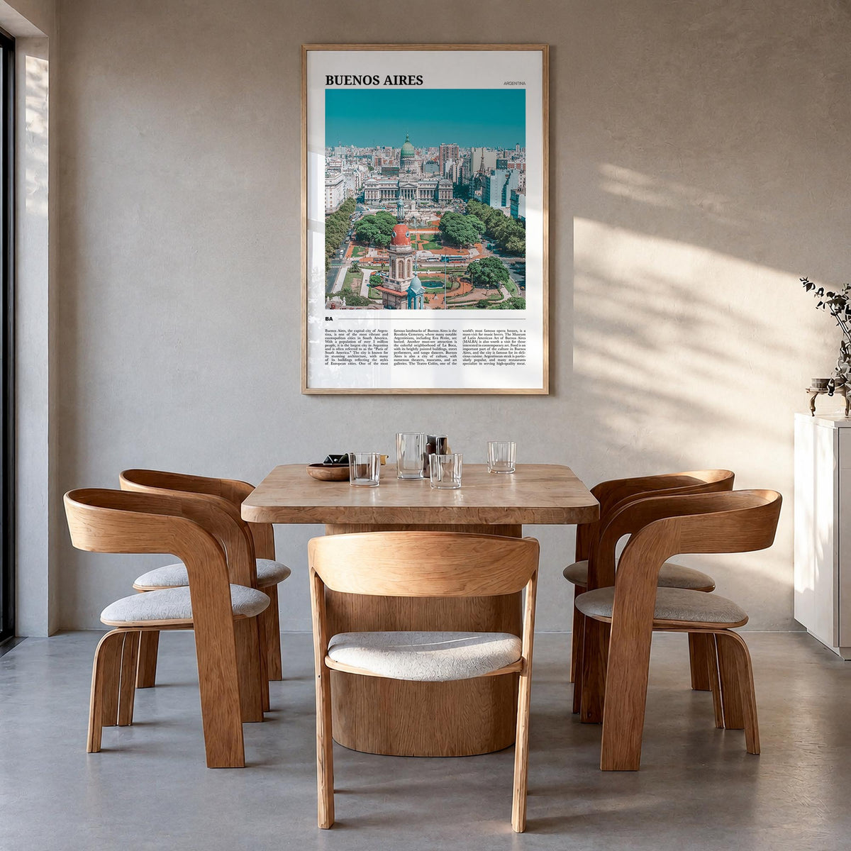 Buenos Aires colorful travel poster of Argentina – vertical wall art in natural wood frame, hanging on wall