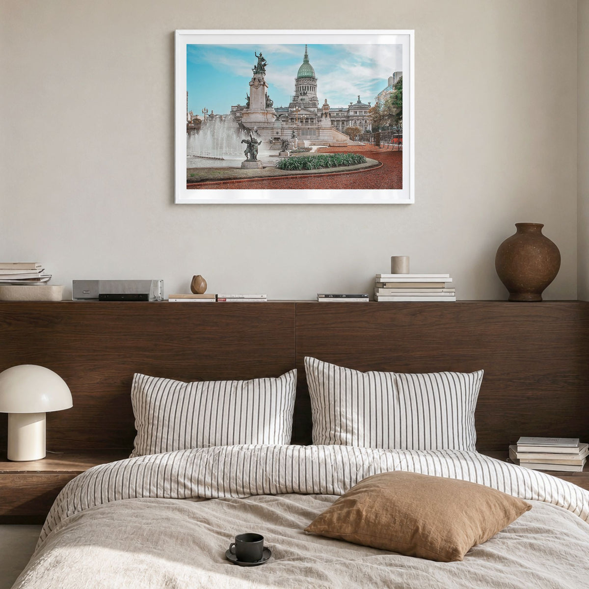 Buenos Aires Photo Poster in a white wood frame, hanging in a bedroom, white border