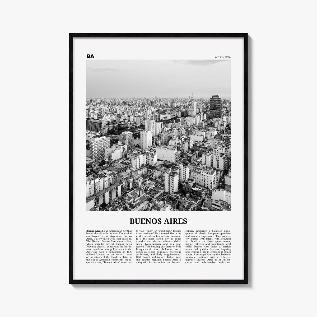 Buenos Aires no. 1 black & white newspaper poster of Argentina – vertical wall art, unframed print shown in interior mockup