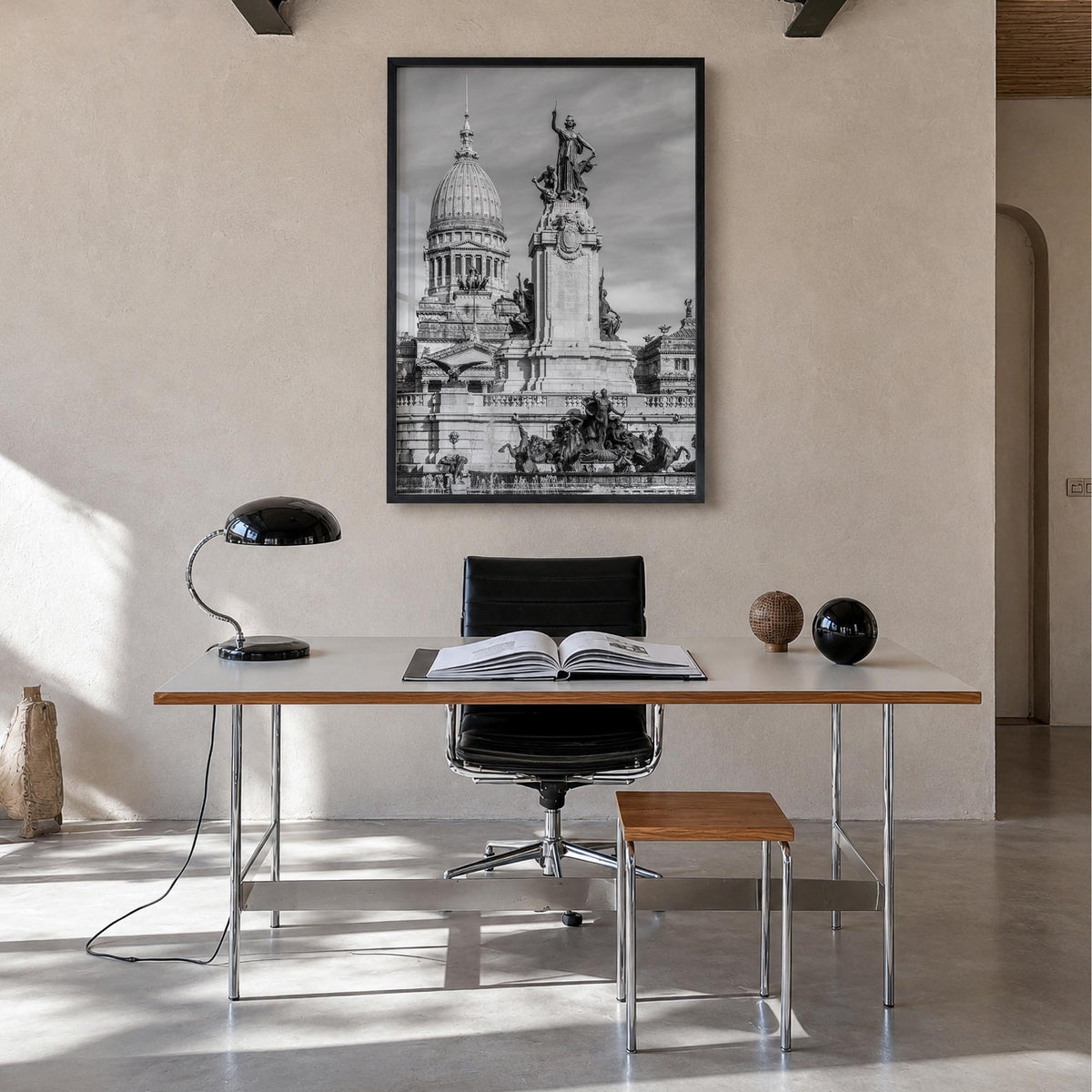 Buenos Aires no. 1 black & white photo poster of Argentina – vertical wall art in black wood frame, hanging on wall