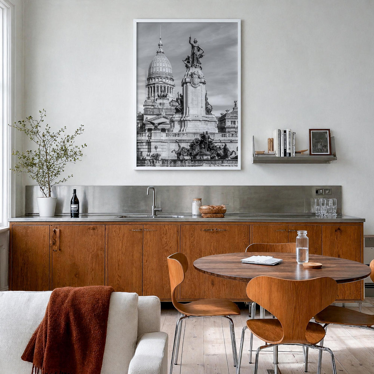 Buenos Aires no. 1 black & white photo poster of Argentina – vertical wall art in white wood frame, hanging on wall