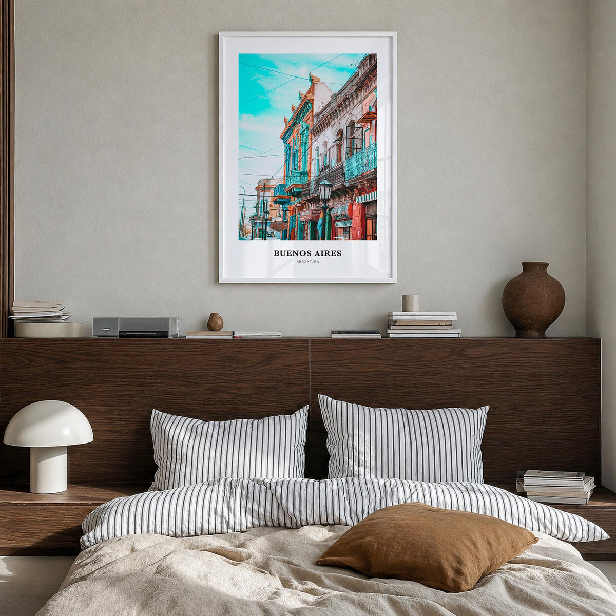 Buenos Aires no. 1 colorful classic poster of Argentina – vertical wall art in white wood frame, hanging on wall