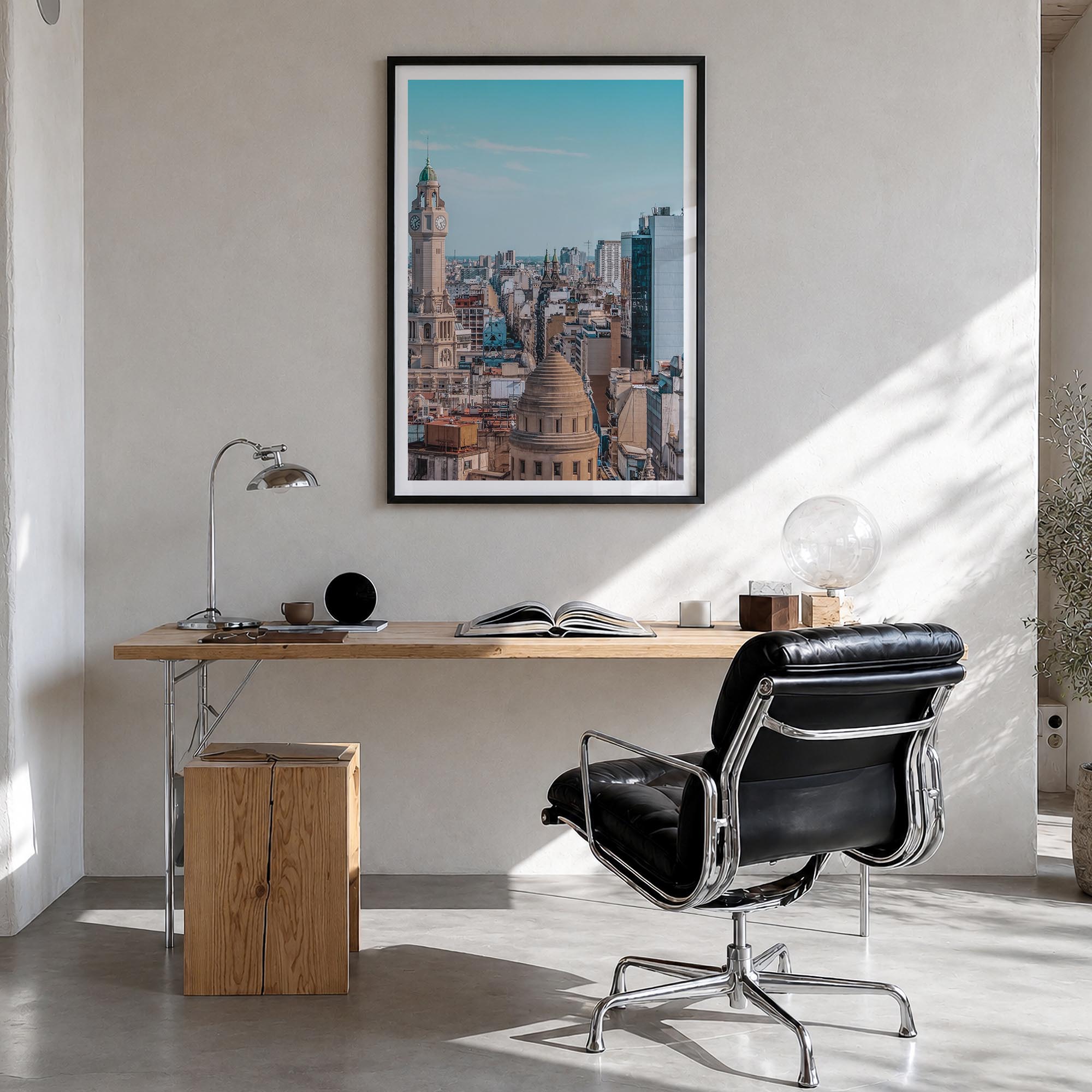 Buenos Aires no. 1 colorful photo poster of Argentina – vertical wall art in black wood frame with white border, hanging on w
