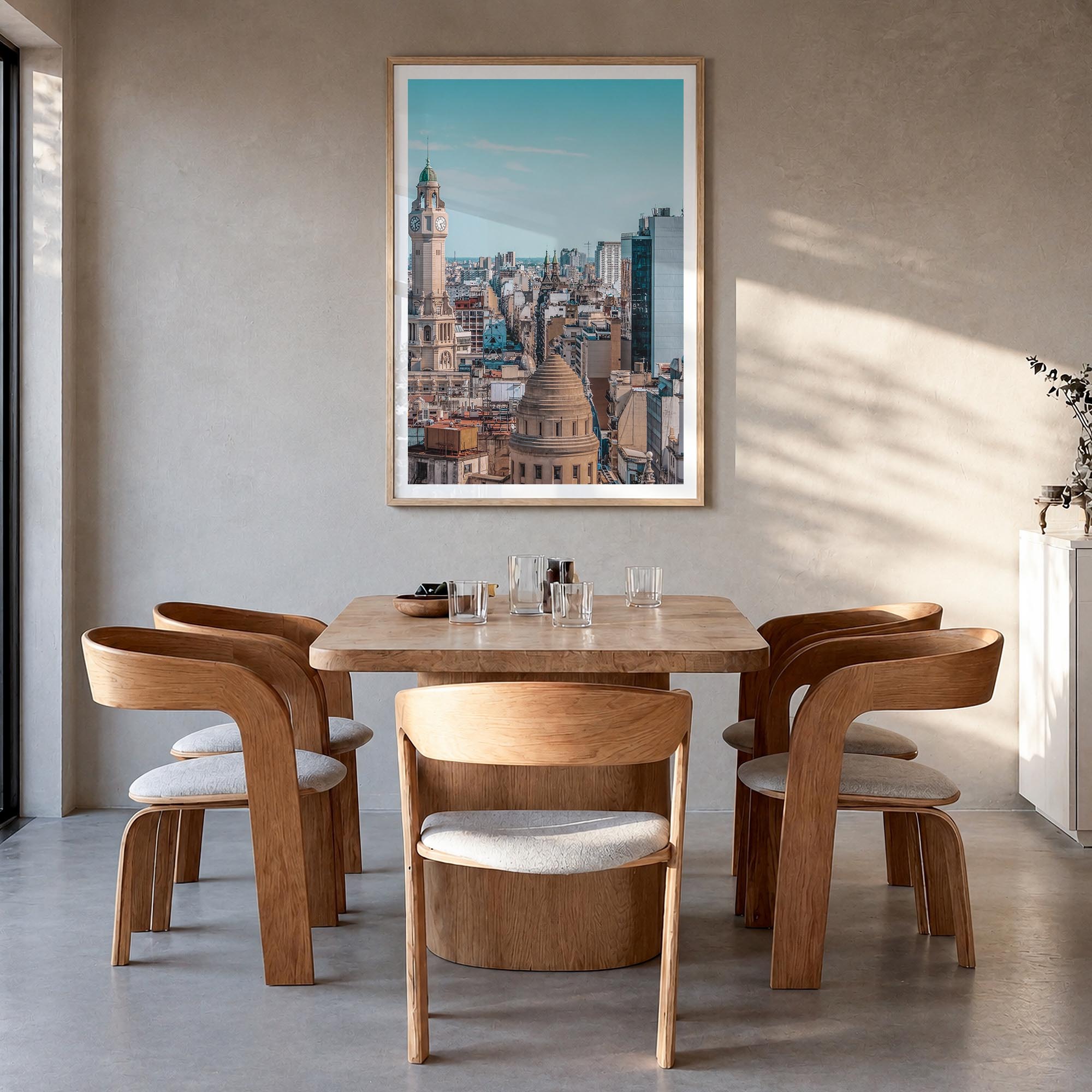 Buenos Aires no. 1 colorful photo poster of Argentina – vertical wall art in natural wood frame with white border, hanging on