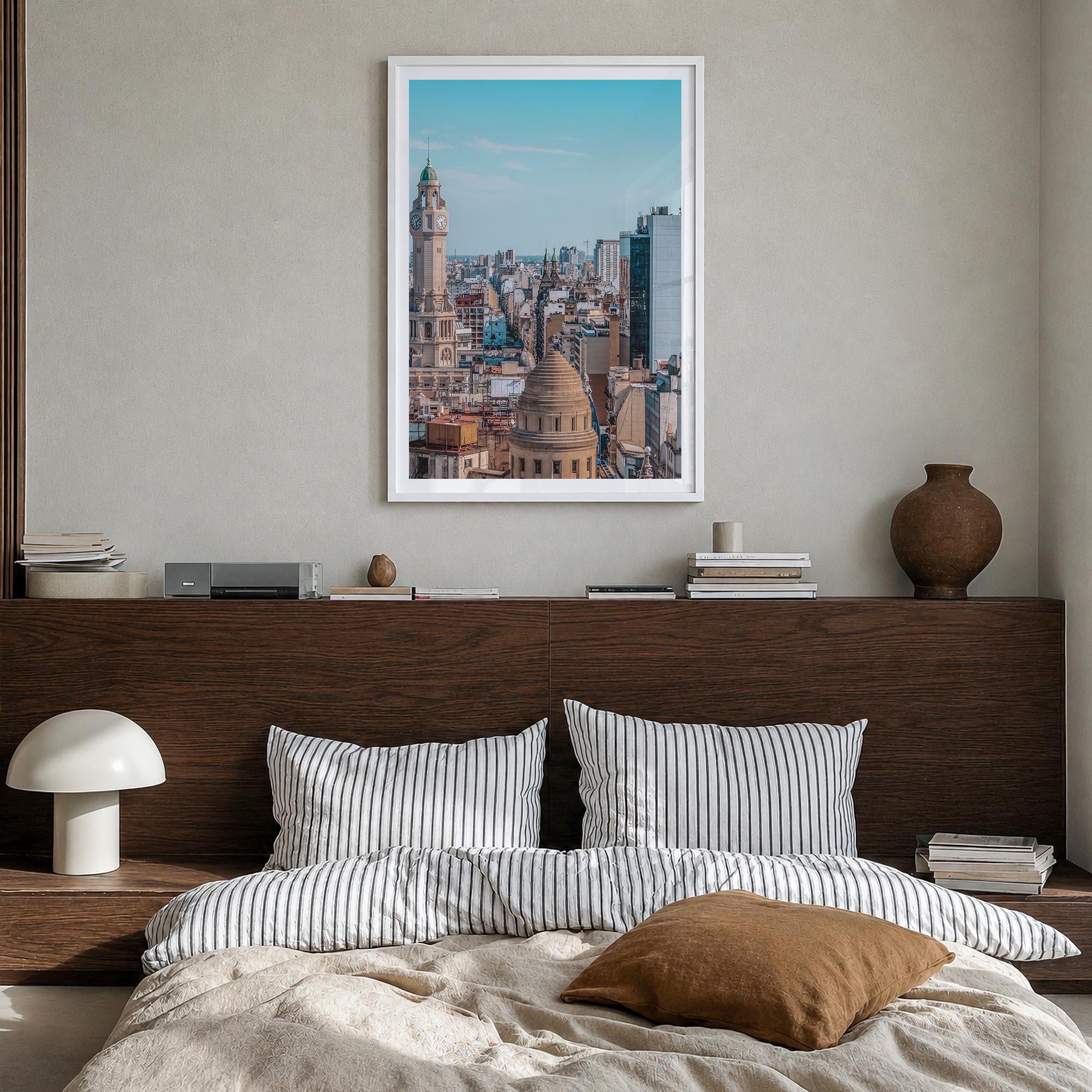 Buenos Aires no. 1 colorful photo poster of Argentina – vertical wall art in white wood frame with white border, hanging on w