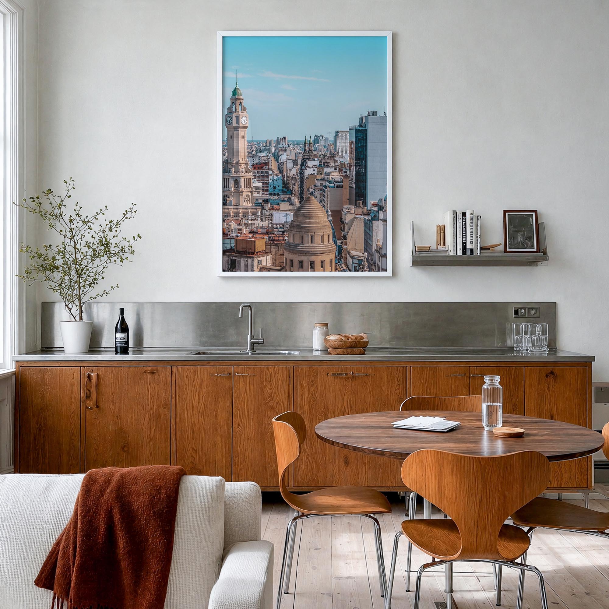 Buenos Aires no. 1 colorful photo poster of Argentina – vertical wall art in white wood frame, hanging on wall