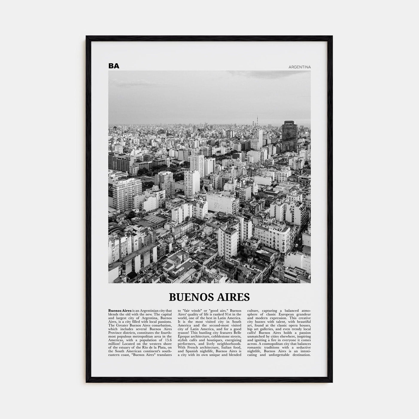 Buenos Aires No 1 Poster Black Wood / 8x12 in Nbourhood Travel B&W Poster