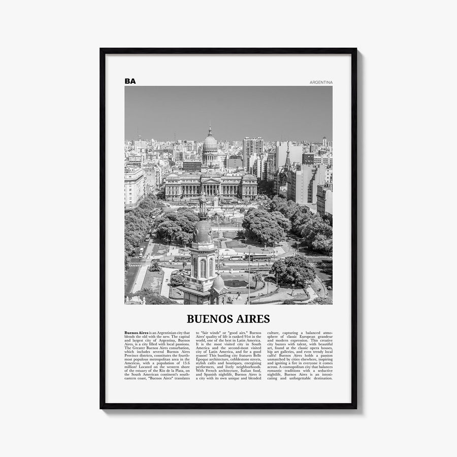 Buenos Aires no. 2 black & white newspaper poster of Argentina – vertical wall art, unframed print shown in interior mockup