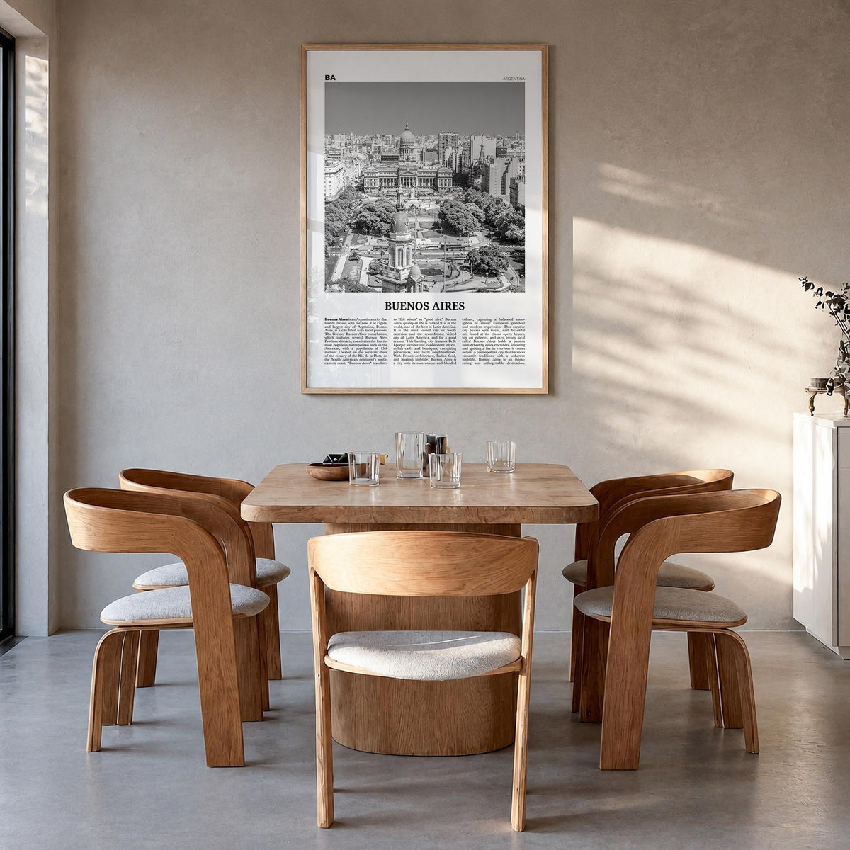 Buenos Aires no. 2 black & white newspaper poster of Argentina – vertical wall art in natural wood frame, hanging on wall