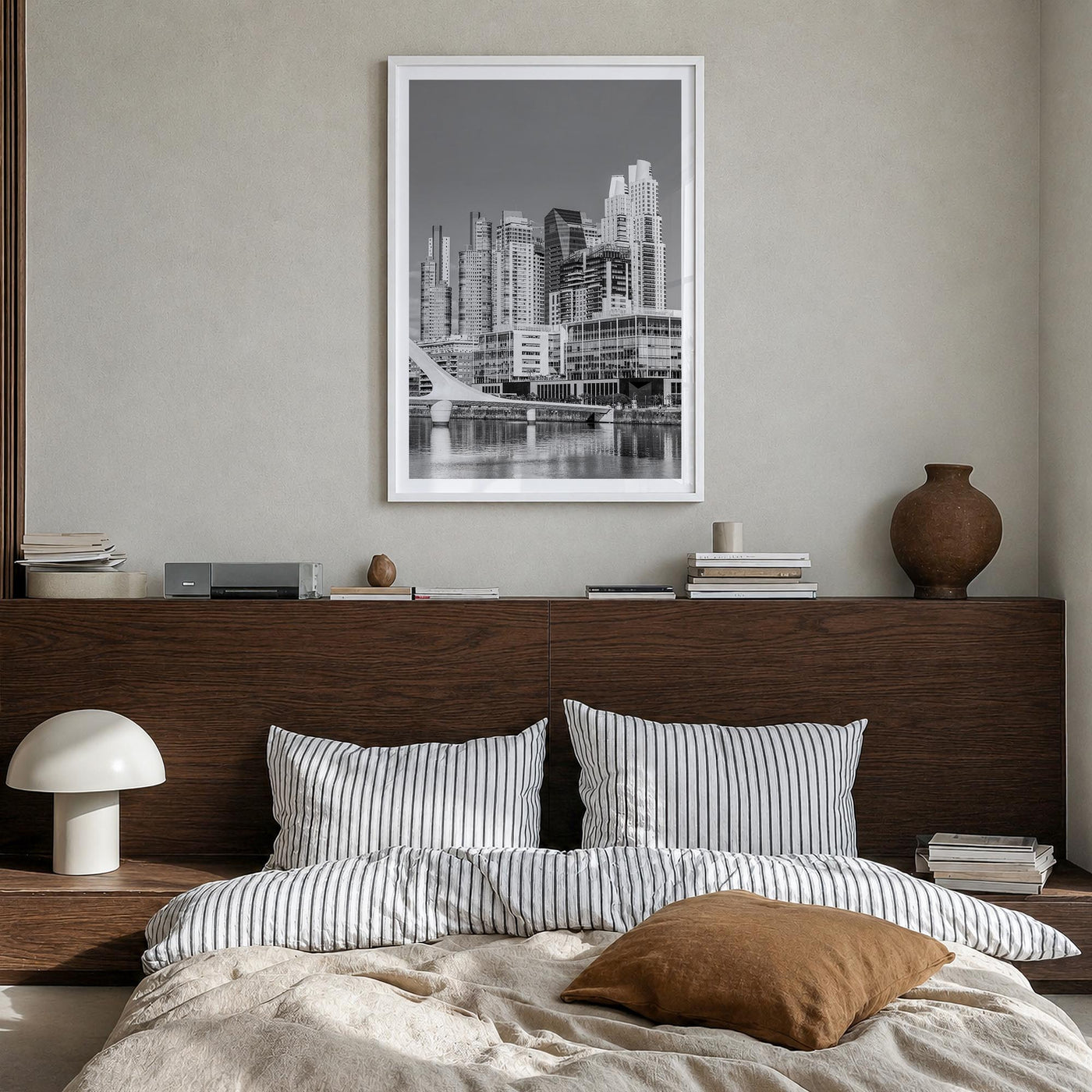 Buenos Aires no. 2 black & white photo poster of Argentina – vertical wall art in white wood frame with white border, hanging