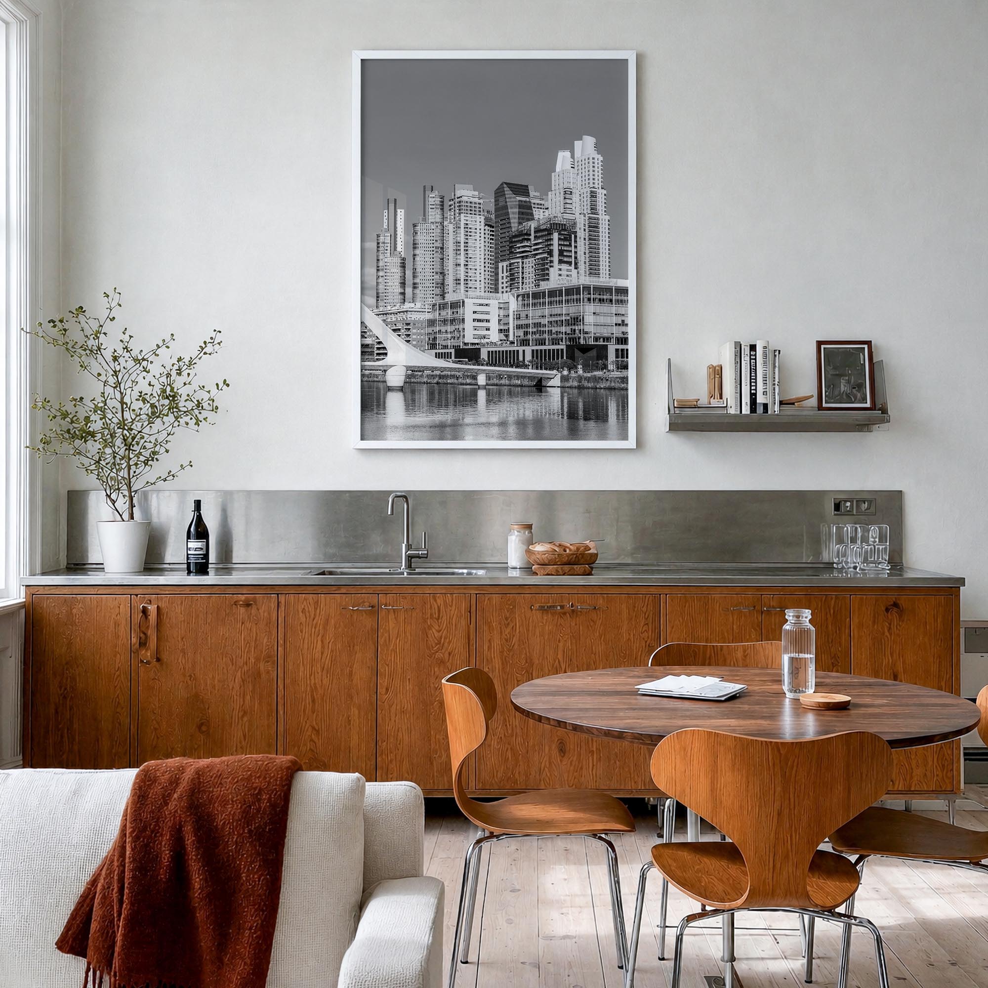 Buenos Aires no. 2 black & white photo poster of Argentina – vertical wall art in white wood frame, hanging on wall