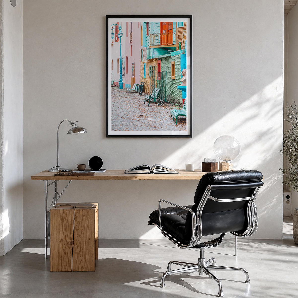 Buenos Aires no. 2 colorful photo poster of Argentina – vertical wall art in black wood frame with white border, hanging on w