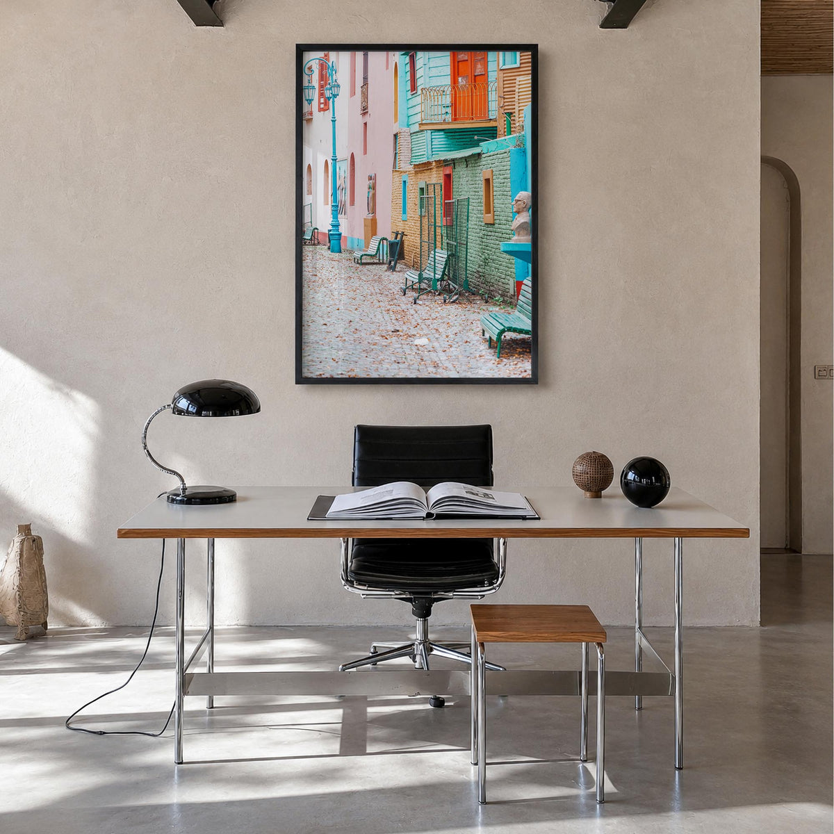 Buenos Aires no. 2 colorful photo poster of Argentina – vertical wall art in black wood frame, hanging on wall