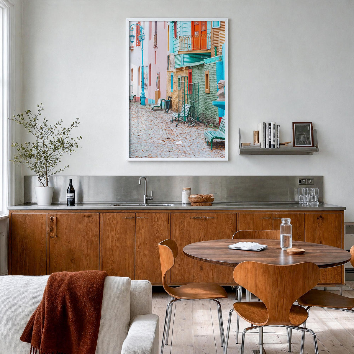 Buenos Aires no. 2 colorful photo poster of Argentina – vertical wall art in white wood frame, hanging on wall