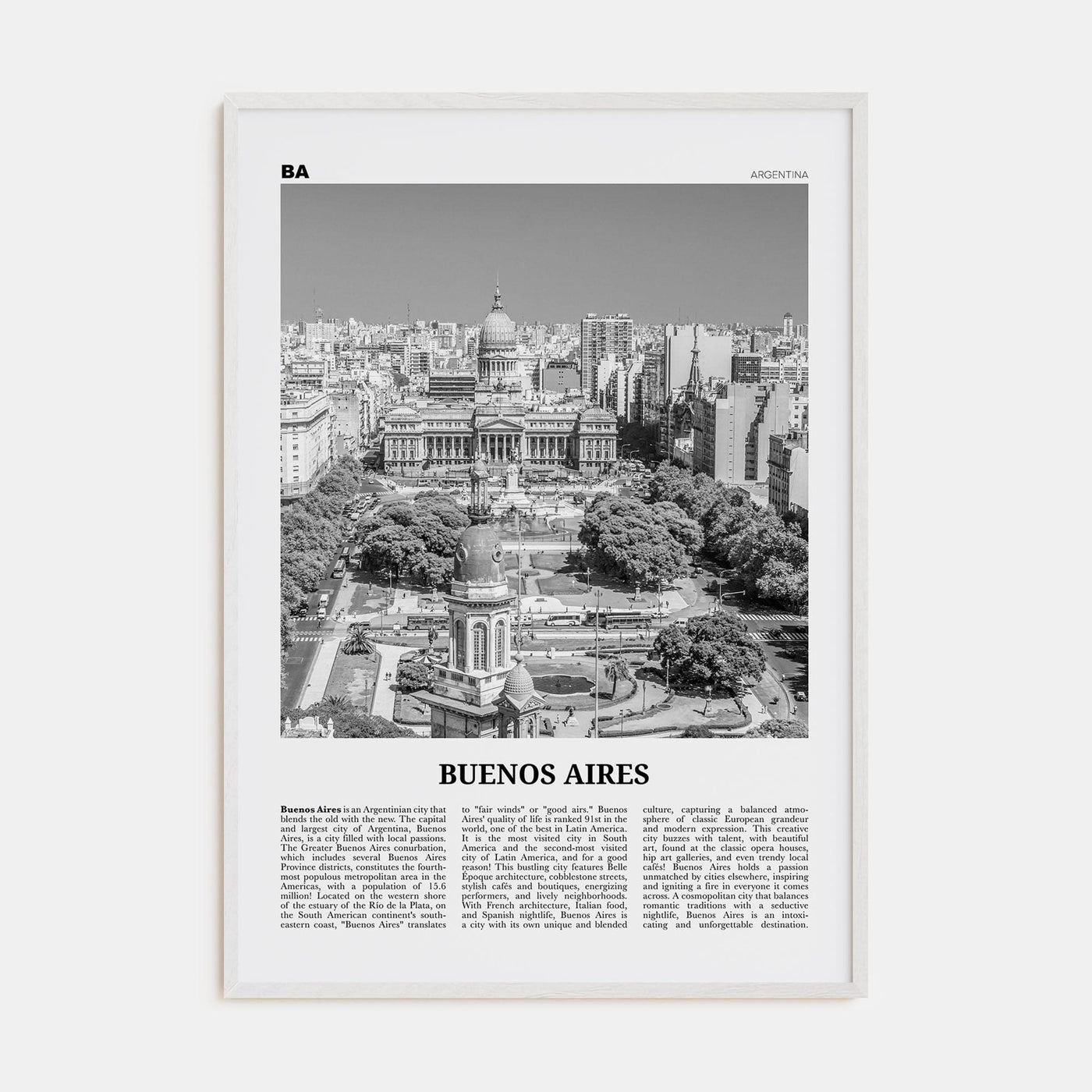 Buenos Aires No 2 Poster White Wood / 8x12 in Nbourhood Travel B&W Poster