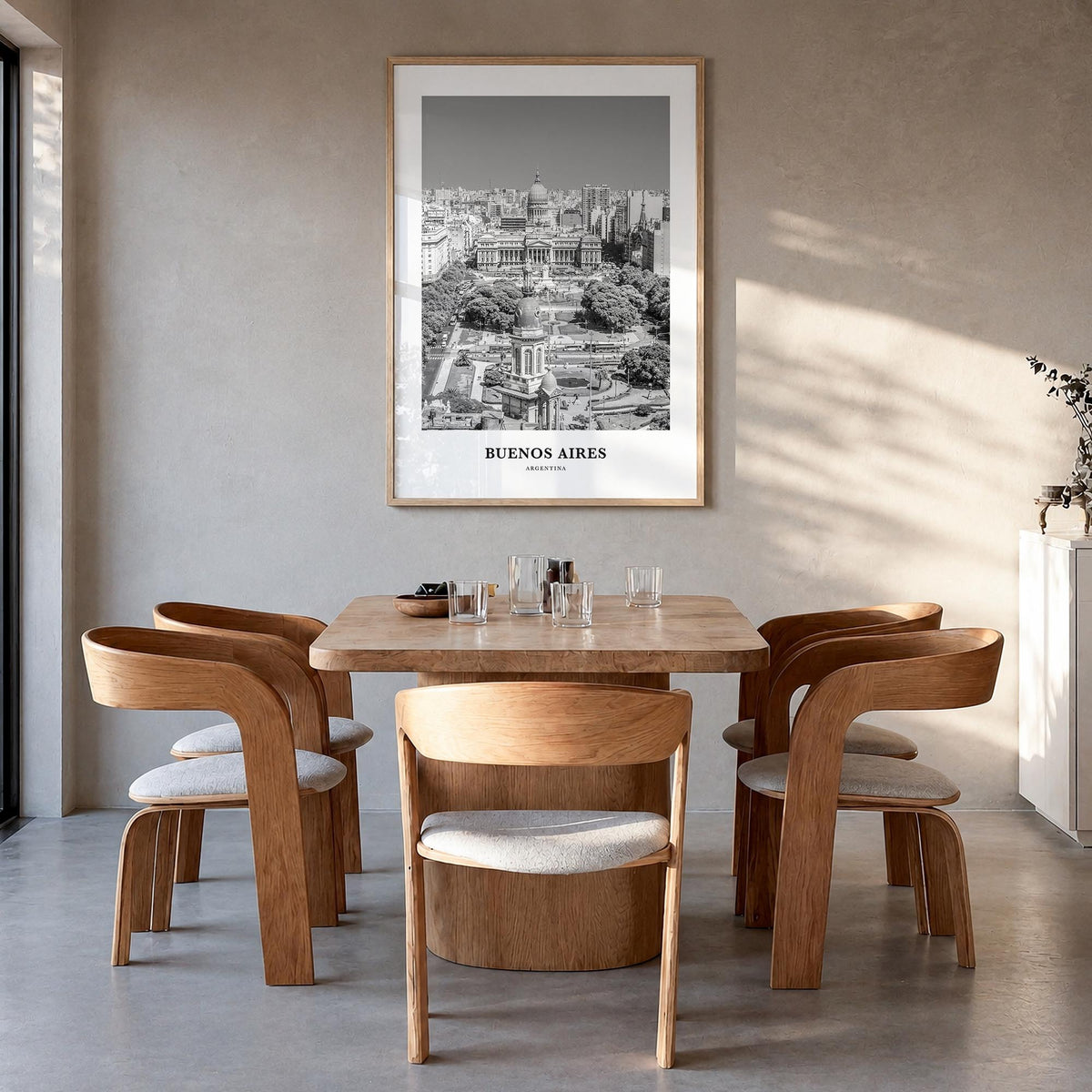 Buenos Aires no. 3 black & white classic poster of Argentina – vertical wall art in natural wood frame, hanging on wall