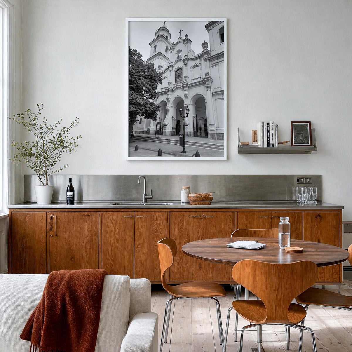 Buenos Aires no. 3 black & white photo poster of Argentina – vertical wall art in white wood frame, hanging on wall