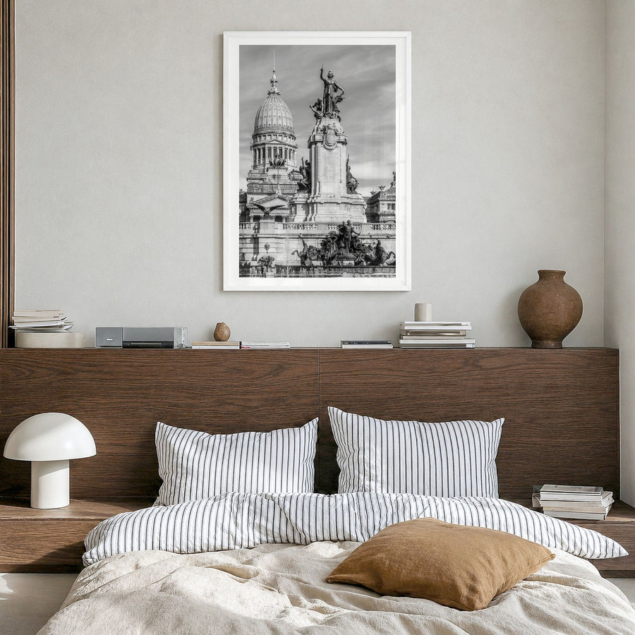 Buenos Aires Photo No 1 Poster in a white wood frame, hanging in a bedroom, white border