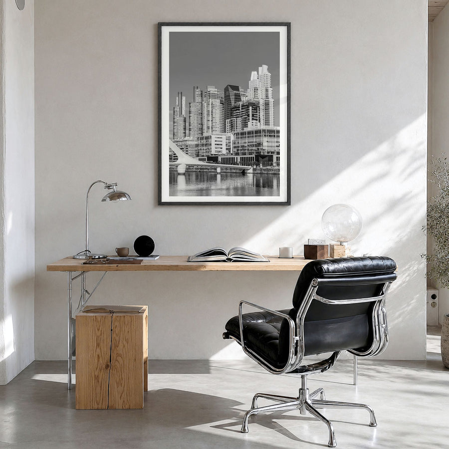 Buenos Aires Photo No 2 Poster in a black wood frame, hanging in a bright home office, white border