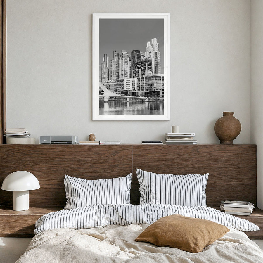 Buenos Aires Photo No 2 Poster in a white wood frame, hanging in a bedroom, white border