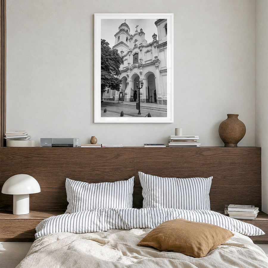 Buenos Aires Photo No 3 Poster in a white wood frame, hanging in a bedroom, white border