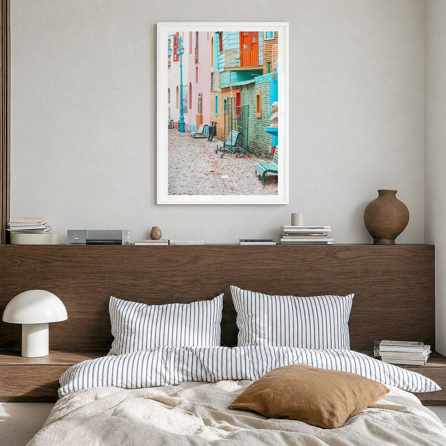 Buenos Aires Photo No 2 Poster in a white wood frame, hanging in a bedroom, white border