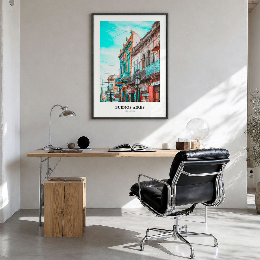 Buenos Aires Classic No 1 Poster in a black wood frame, hanging in a bright home office