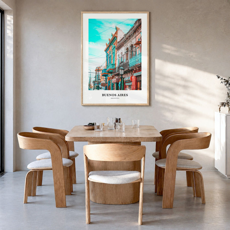 Buenos Aires Classic No 1 Poster in a natural wood frame, hanging in a dining room