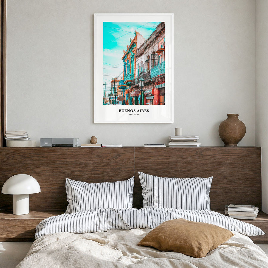 Buenos Aires Classic No 1 Poster in a white wood frame, hanging in a bedroom