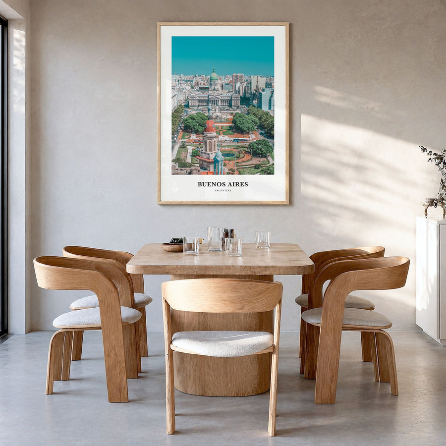Buenos Aires Classic No 2 Poster in a natural wood frame, hanging in a dining room