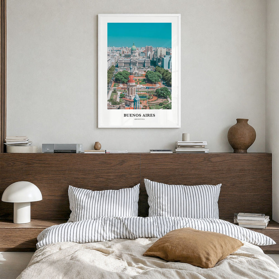 Buenos Aires Classic No 2 Poster in a white wood frame, hanging in a bedroom