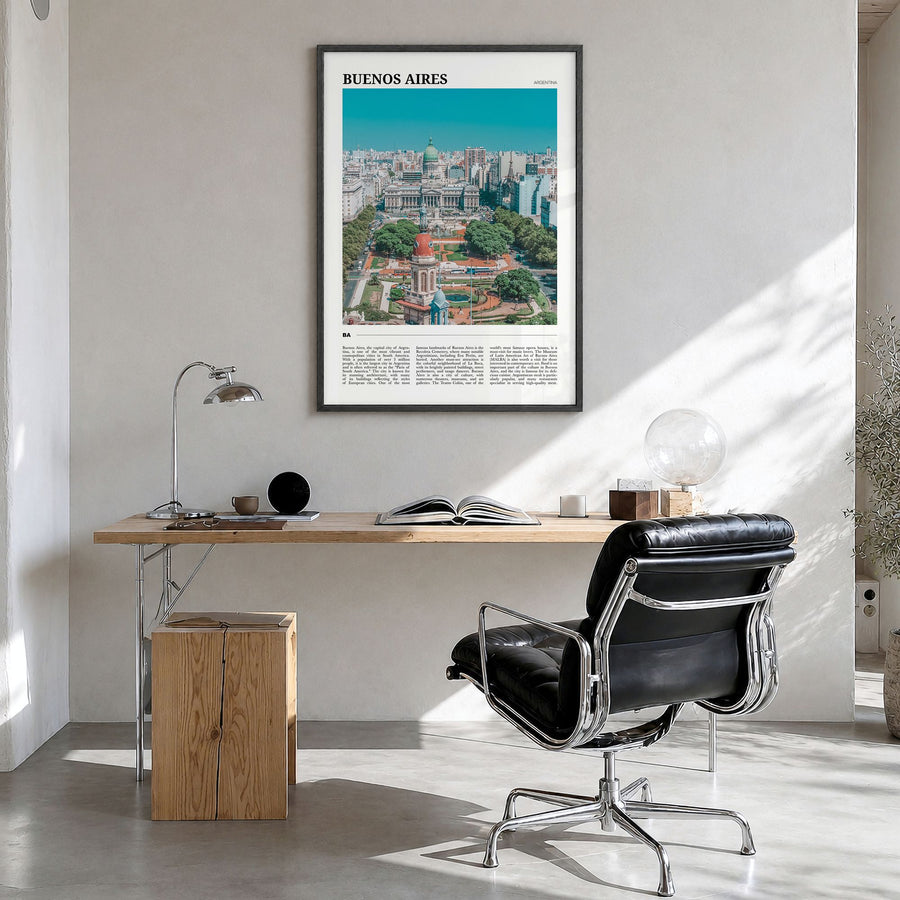 Buenos Aires Travel Poster in a black wood frame, hanging in a bright home office
