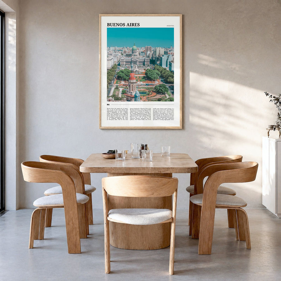 Buenos Aires Travel Poster in a natural wood frame, hanging in a dining room