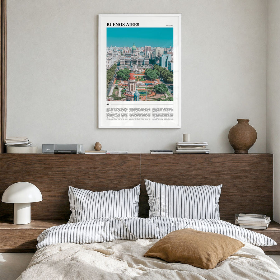 Buenos Aires Travel Poster in a white wood frame, hanging in a bedroom