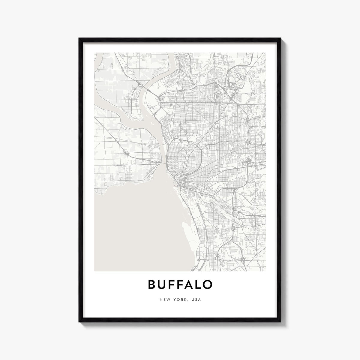 Buffalo black & white map poster of New York, USA – vertical wall art, unframed print shown in interior mockup