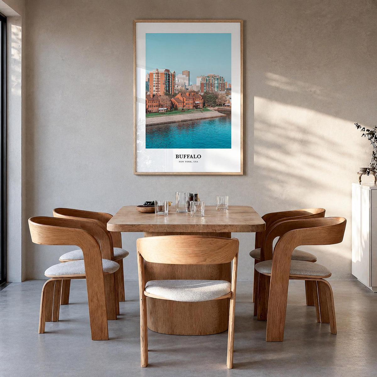 Buffalo colorful classic poster of New York, USA – vertical wall art in natural wood frame, hanging on wall