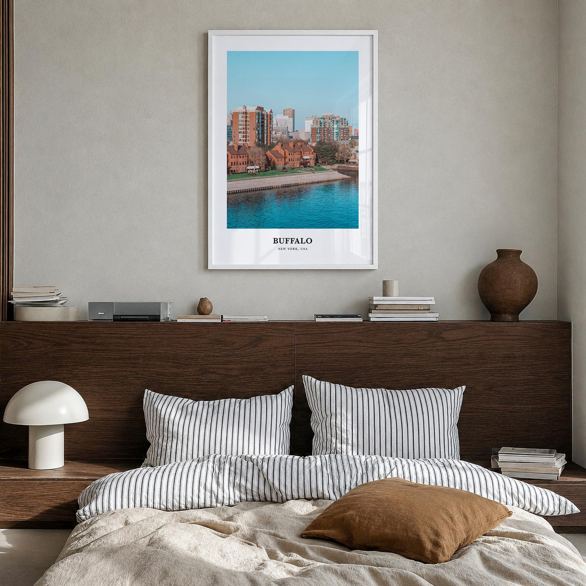 Buffalo colorful classic poster of New York, USA – vertical wall art in white wood frame, hanging on wall