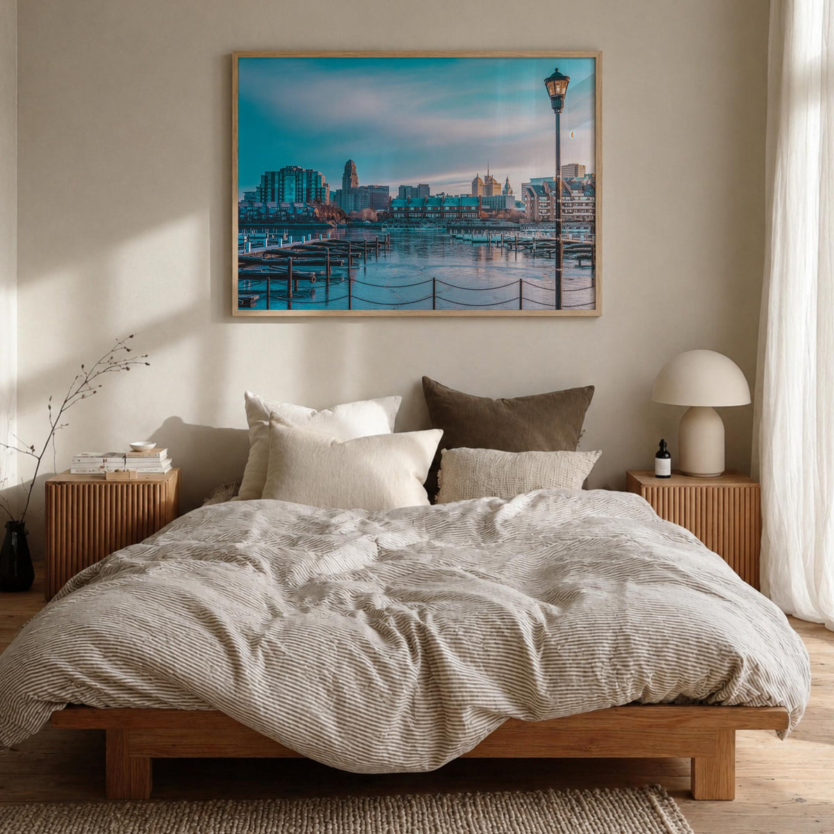 Buffalo colorful photo poster of New York, USA – horizontal wall art in natural wood frame, hanging on wall