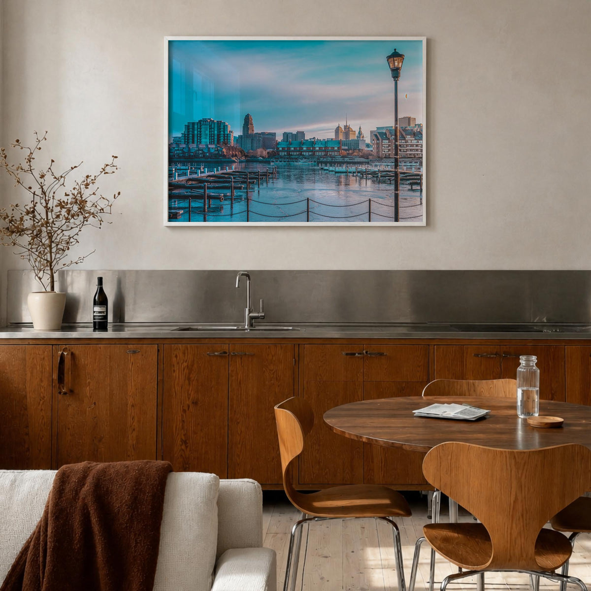 Buffalo colorful photo poster of New York, USA – horizontal wall art in white wood frame, hanging on wall