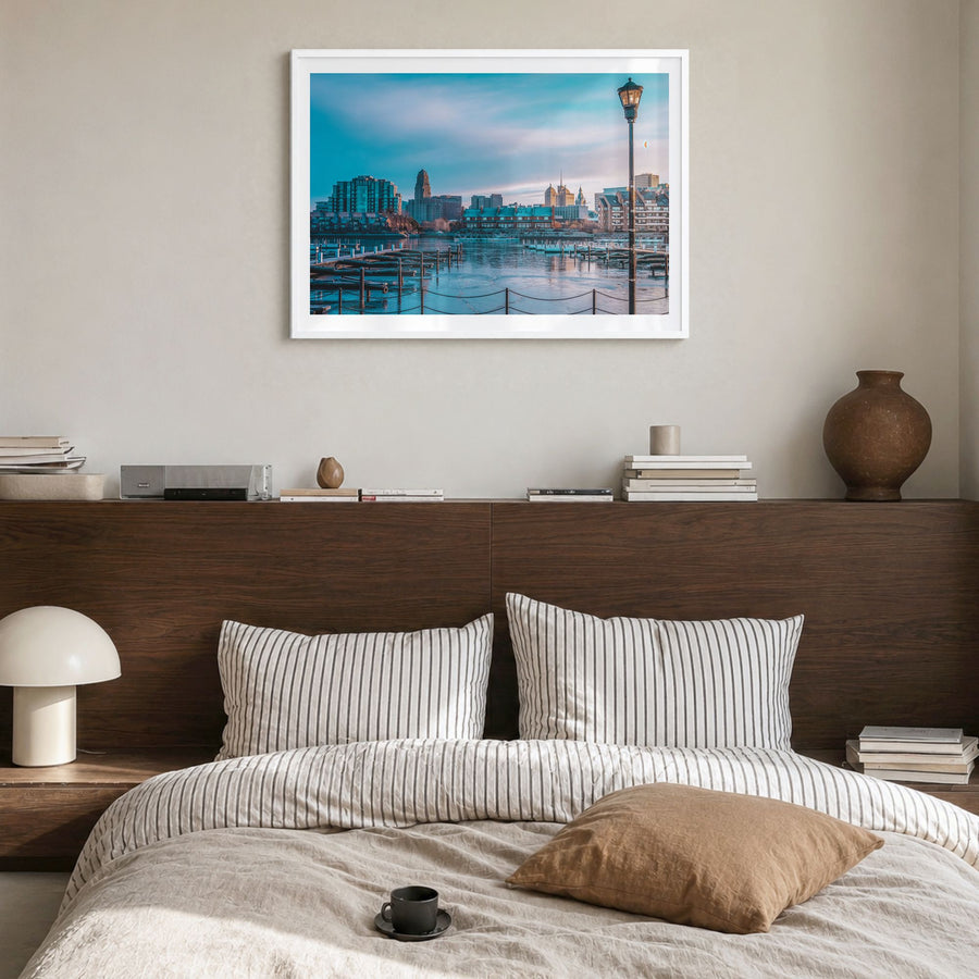 Buffalo Photo Poster in a white wood frame, hanging in a bedroom, white border