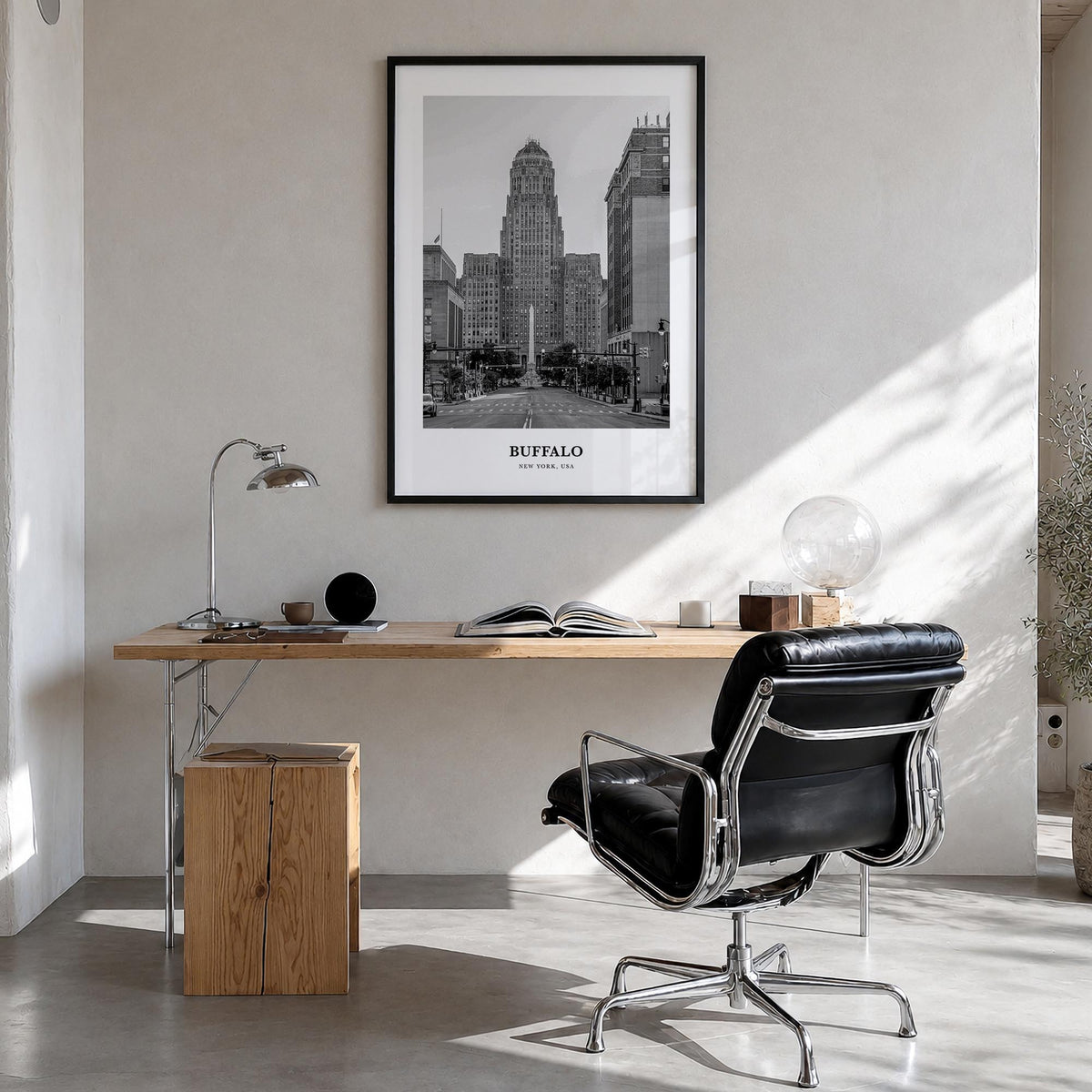 Buffalo no. 1 black & white classic poster of New York, USA – vertical wall art in black wood frame, hanging on wall