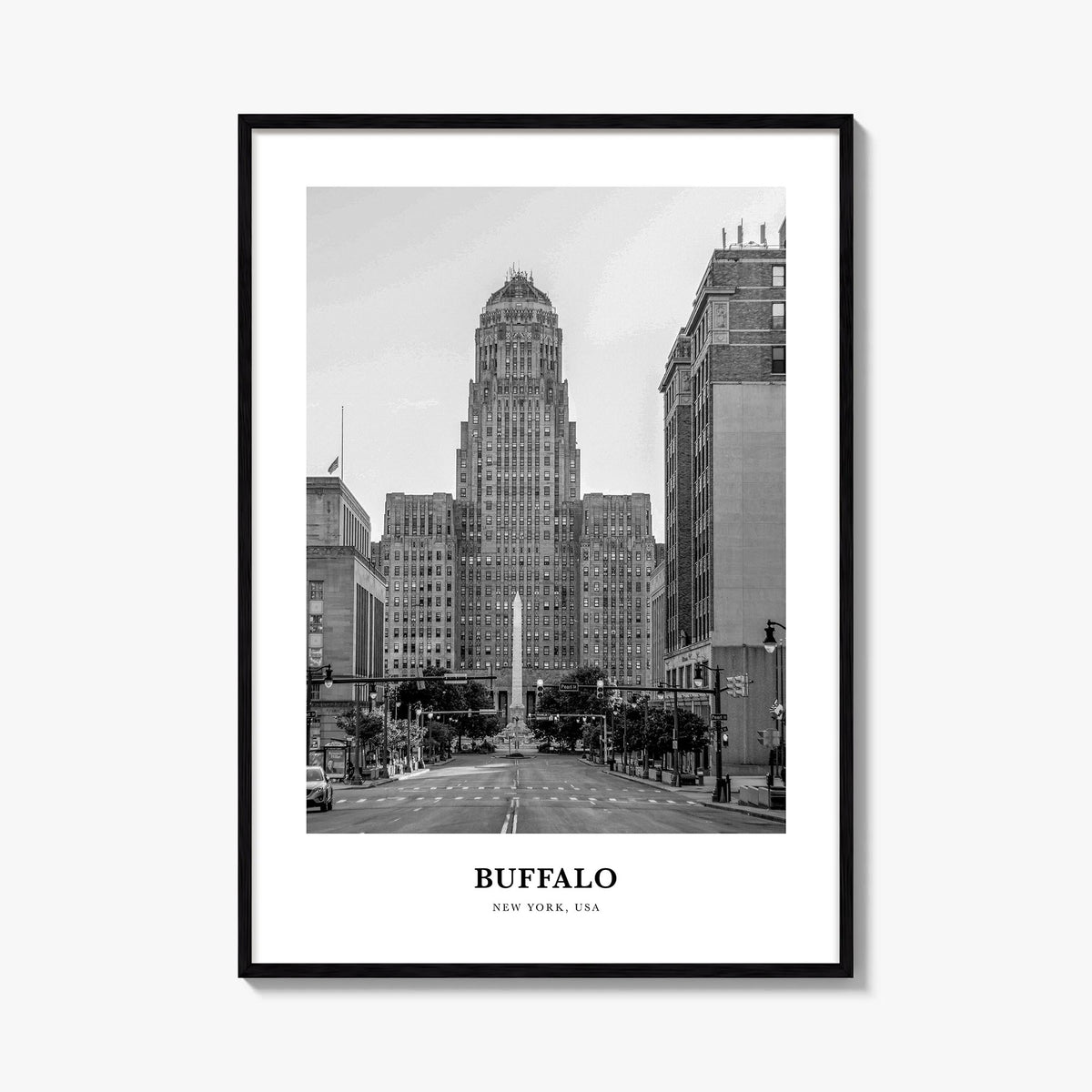 Buffalo no. 1 black & white classic poster of New York, USA – vertical wall art, unframed print shown in interior mockup